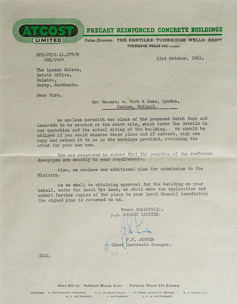 Atcost Dutch Barn Works Letter 1961 - Picks Barn