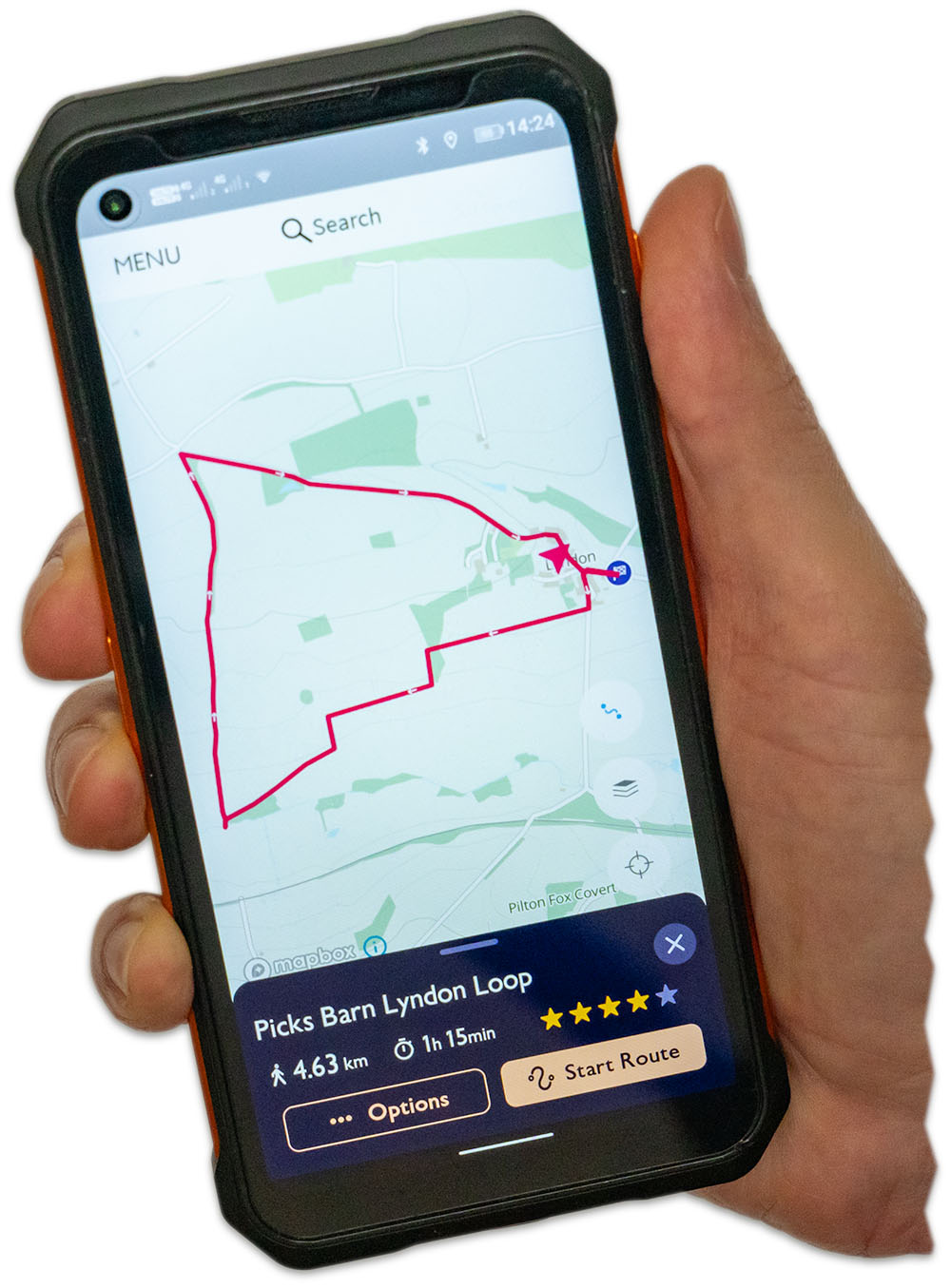 Follow the routes using ths OS Maps App! Image of a mobile phone running the OS Maps app