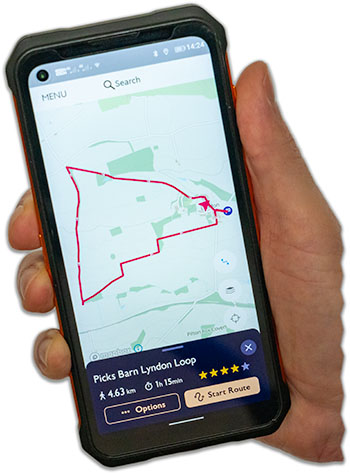 Follow the routes using ths OS Maps App! Image of a mobile phone running the OS Maps app